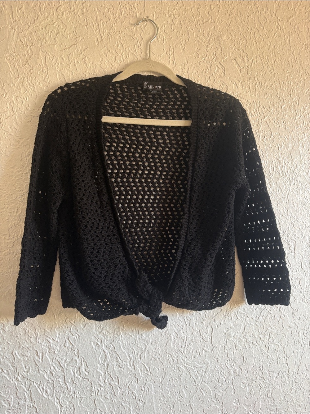 NY Collection Open-Knit Black Tie-Front Cardigan